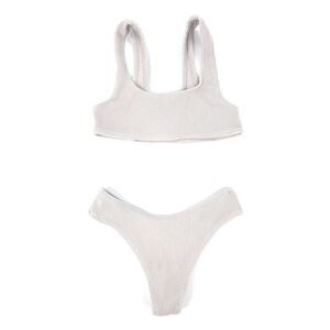 TAN + LINES Malibu Square Neck Top Ribbed Bikini Bottom Set Dove Crinkle Medium